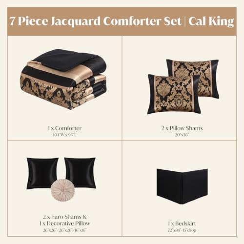 Image of CozyDH Black Gold Floral Comforter Set California King - 7 Piece Luxury Jacquard Bed in a Bag Vintage Patchwork, All Season Down Alternative Bedding with Bed Skirt, Shams, Decorative Pillow, 104x96 in