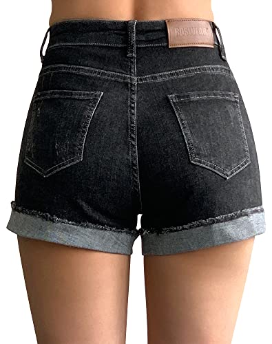 Roswear Women's Ripped Mid Rise Stretchy Denim Jeans Shorts Black Grey Large #TOP1