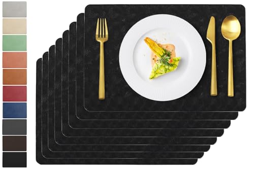 Uolr Black Plastic Vinyl Placemats Set of 8, Waterproof Heat Resistant Table Mats,Faux Leather Wipeable Washable Easy Clean Non-Slip Place Mats for Indoor Outdoor(8,Black)