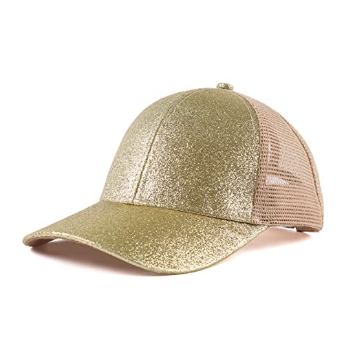 Zsedrut Girls Glitter Baseball Cap Kids Adjustable Ponytail Hat Toddler Summer Mesh Trucker Hats (Golden)
