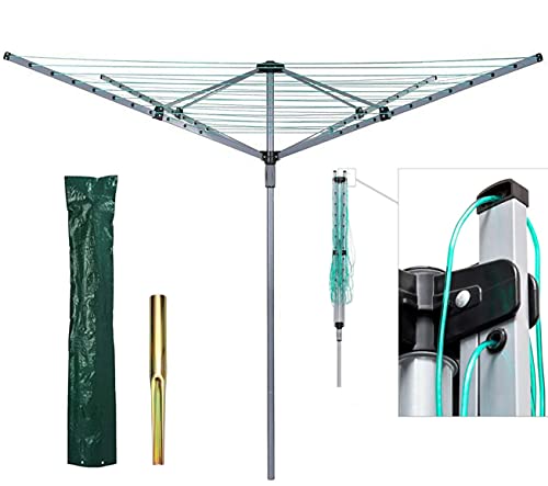 HMWD 40/50/60M Heavy Duty 4 Arm Outdoor Rotary Clothes Airer/Dryer Washing Line With Metal Ground Spike & Water Proof Protective Cover Included - Outdoor Laundry Washing Line socket (60m)