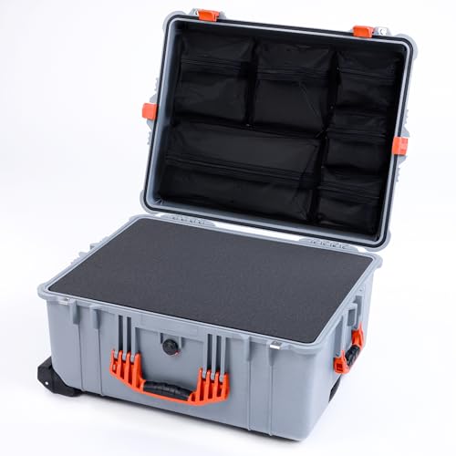 Pelican 1610 Case by ColorCase - Silver - Large Sized Waterproof Case with Pick & Pluck Foam & Mesh Lid Organizer - Orange Handles & Latches