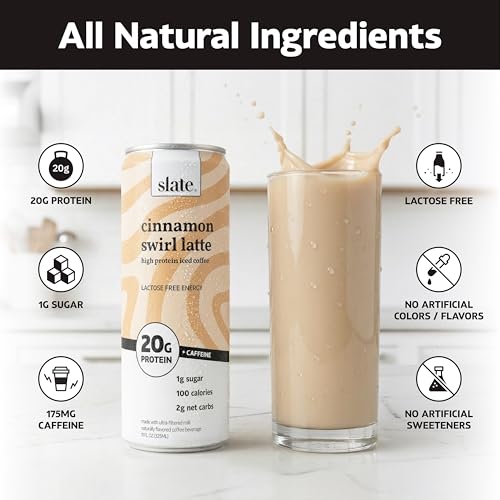 Image of Slate Milk - High Protein Iced Coffee - Cinnamon Swirl Latte - 175mg Caffeine, Lactose Free Energy - 20g Protein, 1g Sugar, 100 Calories, 2g Net Carbs, No Sugar Added - Protein Coffee - 11 fl oz, 12 Cans