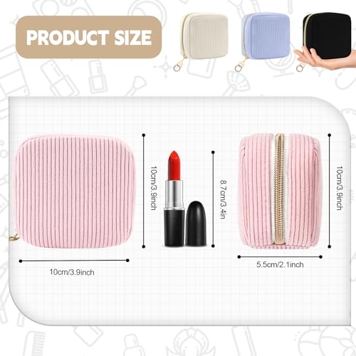 2 Pack Small Makeup Bag for Purse, Corduroy Mini Cosmetic Pouch with Ring Buckle & 4 Inner Pockets, Portable Travel Makeup Pouch for Lipsticks, Coins, Earphone (Black+Beige)2