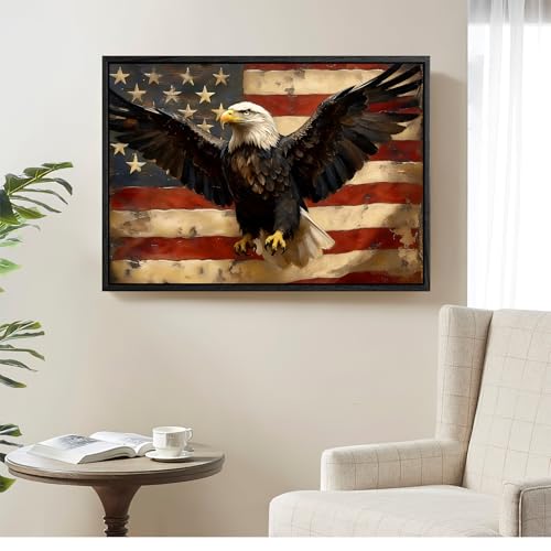 Image of American Flag Framed Canvas Wall Art, 4th of July Red White Blue Canvas Prints, USA Flag with Bald Eagle Patriotic Decorations, Vintage Independence Day Wall Decor for Bedroom Living Room 20x24