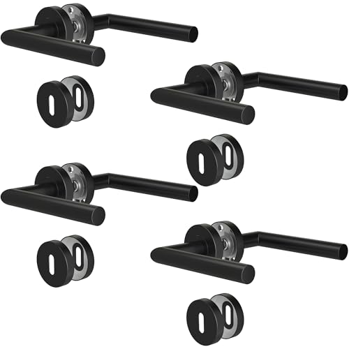 KeZaara Türgriffe Drückergarnitur 4 Paar, Türgriffe Innentüren Mattschwarz, Türklinke aus Edelstahl mit Gerundet Rosette Ø 52mm, Türbeschlag für Zimmertüren von 20mm bis 55mm, L-Form, BB-Buntbart