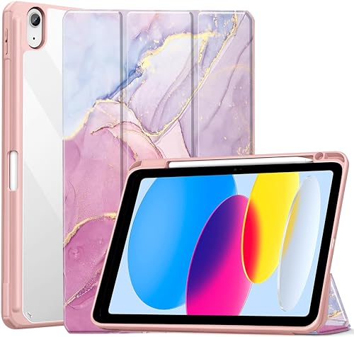 Image of ProElite Case Cover for Apple iPad (A16) 11th /10th Generation (2025 /2022), Transparent case Cover with Pencil Holder for iPad 11th /10th Gen 2025 /2022, Marble Rose Pink