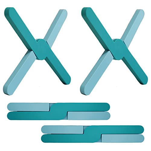 Ben & Bel Stylish X-shaped Foldable Silicone Trivets Set of 2, Non-Slip Worktop Protector Heat Resistant for Hot Pans/Dishes/Plates/Pots, Ideal for Camping/Caravan, Blue+Blue