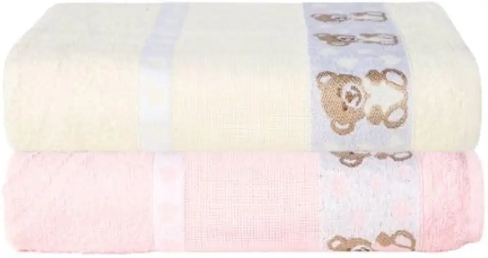 Kit 2 Toalhas De Banho Infantil Ponto Cruz Barras Com Desenhos Bordados 75x1.10m (Rosa + Marfim)