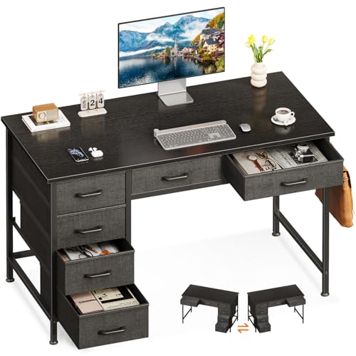 Image of ODK Computer Desk with 6 Drawers, 40 Inch Small Desk with Storage, Reversible Desk with Headphone Hook for Home Office, Work Study Table for Bedroom, Black
