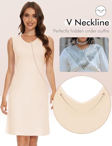 Image of MANCYFIT Women's Full Slip V Neckline Slip Dress Wide Straps Tank Top Slip for Women Under Dress Knee Length Slip