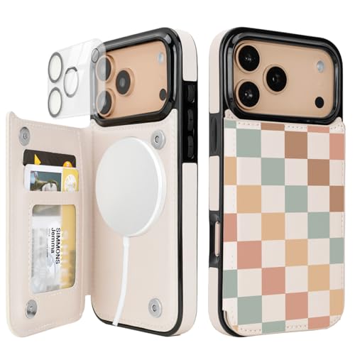 uCOLOR for iPhone 17 Pro Max Wallet Case Magsafe with Card Holder Slot【Compatible with MagSafe】 Folio Flip PU Leather Magnetic RFID Design with Camera Lens Protector 6.9” (Pastel Check Vibes)