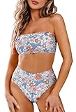 Pink Queen Women's High Waisted Bikini Set Off Shoulder Bandeau Swimsuit Top High Cut Cheeky Swimwear Floral Blue L