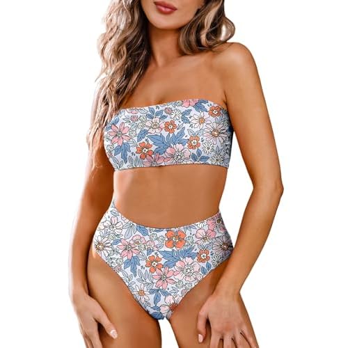 Pink Queen Women's Removable Strap Wrap Pad Cheeky High Waist Bikini Set Swimsuit Medium 02 - Floral Blue