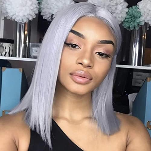 BHL Grey Short Bob Wigs Pre Plucked 13x4x1Lace Frontal China Virgin Human Hair 150 Density T Part Lace Wigs Bob Wigs Middle Part for Women with Baby Hair (14 Inch, Silver Gray ), Silver Grey