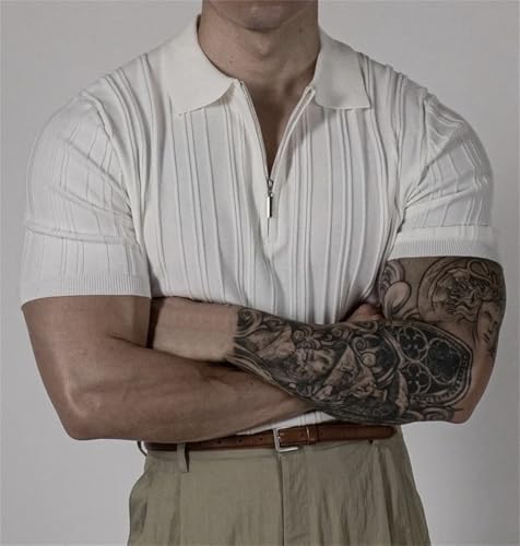 DAIMIDY Mens Zipper Polo Sweater Textured Knit Short Sleeve Pullover3