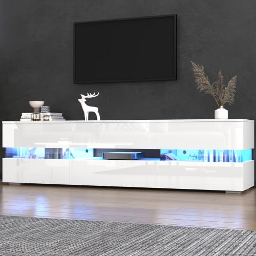 Merax TV Schrank Lowboard 160 cm, Weiß Hochglanz mit LED-Beleuchtung, Acryl-Glaseinsätzen, Drucköffnung für 70 Zoll Fernseher, Modernes TV Board für Wohnzimmer Möbel