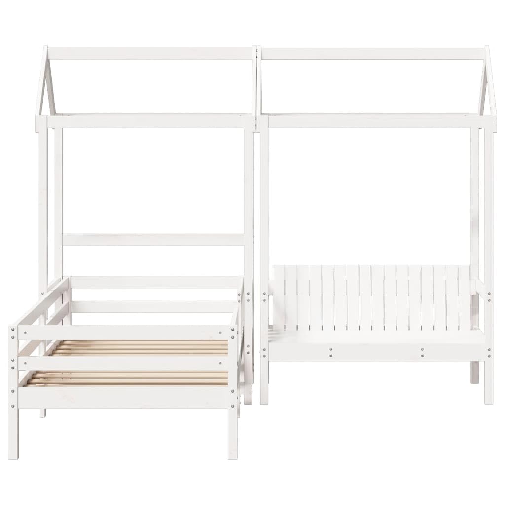 Giroletto Bianco con Panca e Tetto 80x200cm Legno Massello Pino Letto per Bambini con Sponde Schienale Telo Tenda per Cameretta Divertente Design Moderno