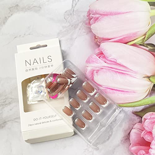 Square Fake Nails French Tip Press On Nails Medium Nude Glue On Nails Full Cover False Nails With White Glitter Designs French Nail Decorations For Women Girls 24Pcs #TOP5