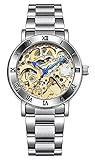 MASTOP Women Skeleton Automatic Mechanical Rhinestones Leather Stainless Steel Waterproof Watch Four Leaf Clover (Gold)