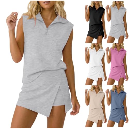 Skort Sets For Women Skort Sets Women 2 Piece Outfits Summer Sleeveless Half Zip Skirt Athletic Skorts Tennis Outfit Casual Sweatsuits Grey Large