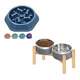 UPSKY Slow Feeder Dog Bowl and Elevated Dual Pet Bowls Set with Stand, Anti-Choking Interactive Puzzle Bowl and Raised Stainless Steel Food & Water Bowls for Small to Medium Dogs and Cats