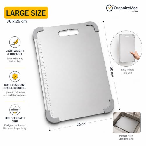 Image of Organizemee Stainless Steel Chopping Board Large 36 x 25 cm, Non Slip Cutting Board for Kitchen with Silicone Anti-Skid Corner Protectors, Rust Proof Steel Prep Board for Vegetables, Fruits & Meat