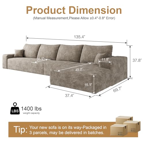 Image of 96 inch Sectional Couches for Living Room Cloud Couch Sofa with L-Shape Upholstered Boneless Couchs Modern Modular Sectional Couch with Chaise