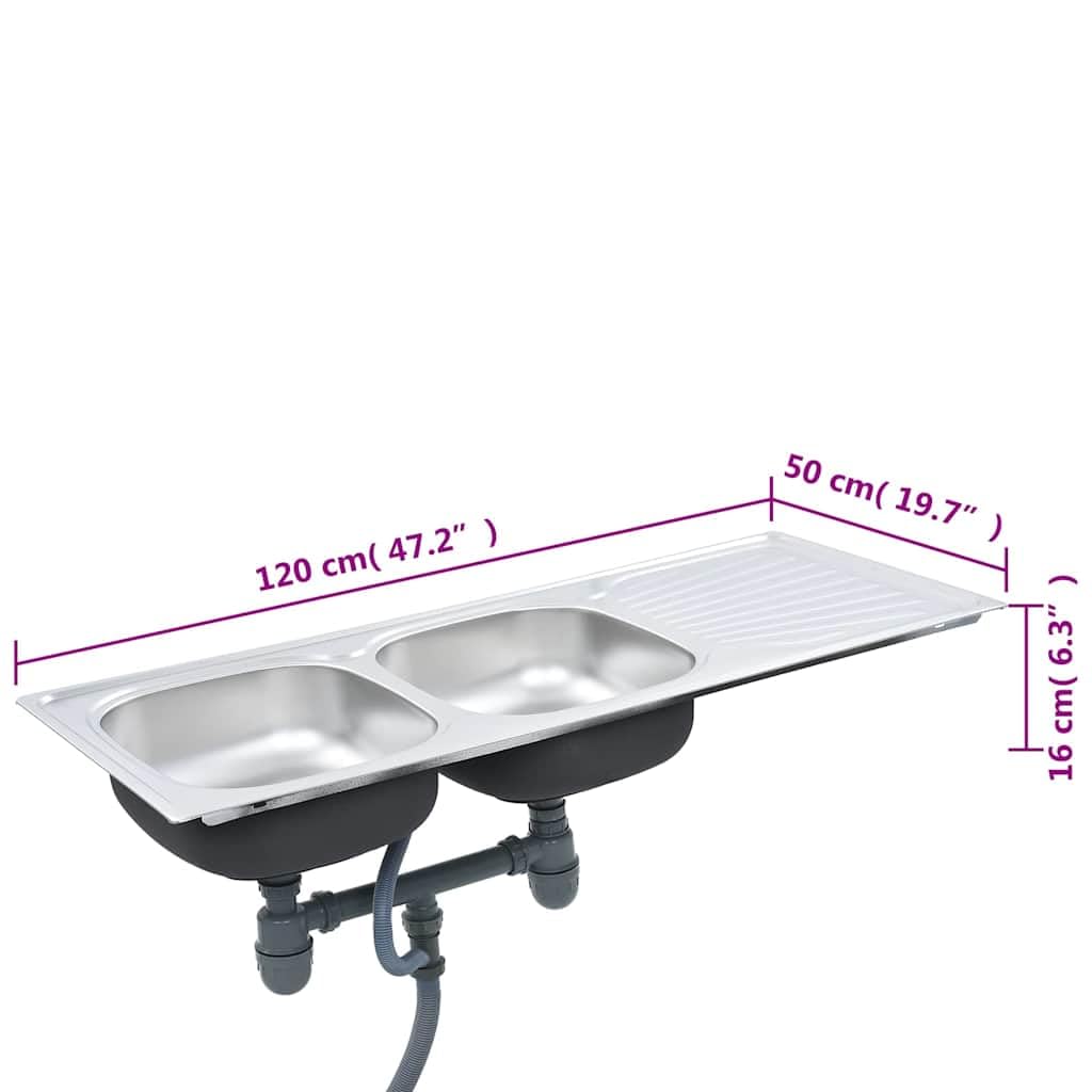 Fregadero de cocina doble de acero inoxidable con escurridor y sifón, 120 x 50 x 16 cm, empotrable con colador, resistente a la suciedad, montaje flexible para cocina, lavadero, camping