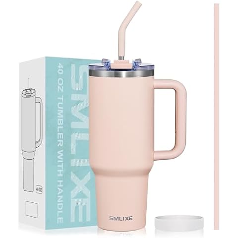 SMLIXE 40 oz Tumbler with Handle and Straw Lid,Insulated Reusable Stainless Steel Water Bottle Travel Mug，Cupholder Friendly Double Wall Vacuum Sealed Cup (Rose Quartz) Cover