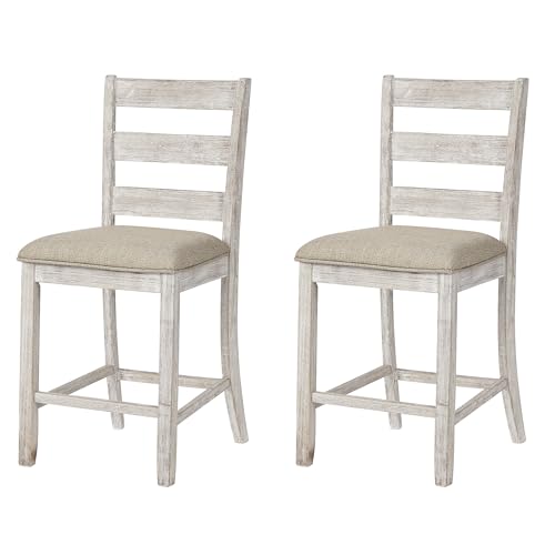 Signature Design by Ashley Skempton | 2-Count 24" Counter-Height Upholstered Bar Stools – Coastal Chic Ladder-Back, Antique White