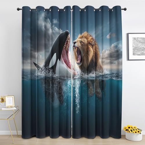 Killer Whale Curtains for Bedroom Decor, Fierce Lion Blackout Curtains 54 Inch Length 2 Panels Set, Funny Animals Drapes Grommet Window Curtain 42 x 54 Inch F&s247