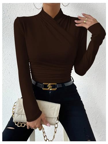 Image of SweatyRocks Women's Ruched Mock Neck Long Sleeve T Shirt Solid Slim Fitted Tee Tops