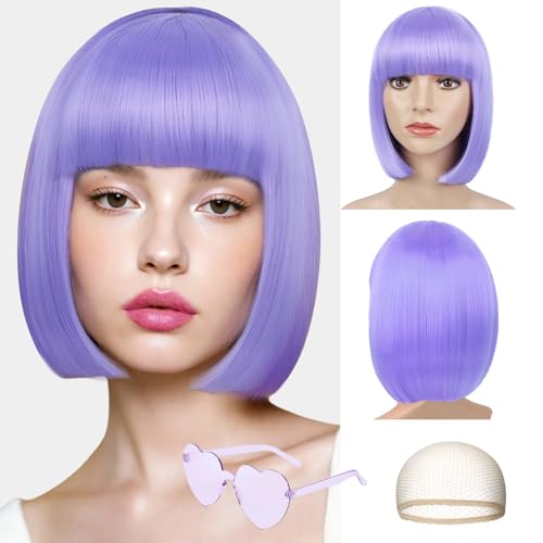Image of LIULIUBTY Short Bob Hair Wigs Straight with Flat Bangs Synthetic Colorful Cosplay Daily Party Neon Wig for Women + Free Wig Cap 12 inch Natural As Real (Violet)