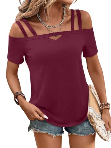 Image of Bliwov Womens Cold Shoulder Tops Short Sleeve Cute Sexy Summer Spring Beach Vacation T Shirts Fashion Outfits Basic Clothes
