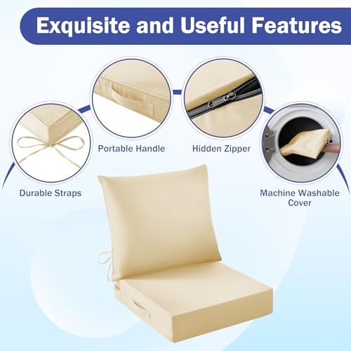 Image of Outdoor Chair Cushions, 24 x 24 Inch Outdoor Cushion for Patio Furniture, Patio Chair Cushion, Waterproof & Fade Resistant Deep Patio Furniture Cushion Set with Handle and Ties, Light Khaki (Set of 6)