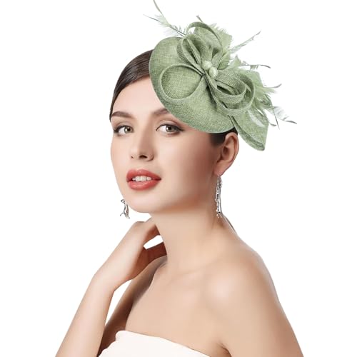 Risipu Womens Fascinators Feathers Tea Party Hat Veil Headband with Hair Clip for Cocktail Wedding Church (UK Alpha One Size Green)