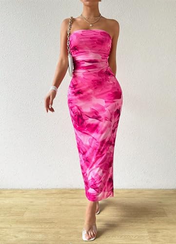 Women's Summer Strapless Dresses 2025 Maxi Bodycon Tube Top Dress Floral Beach Vacation Clothes for Women3