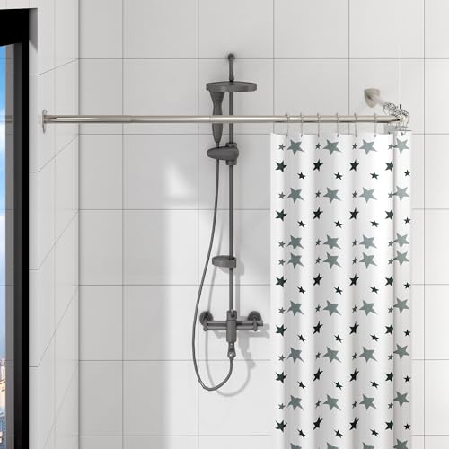 Duschvorhangstange L Form, Verstellbare Duschstange Ecke, Duschvorhang Halterung mit 12 ringen & Deckenstütze für Badewanne/Badezimmer, Bohr-Montage Erforderlich (Silber, 60-130cm x 60-130cm)