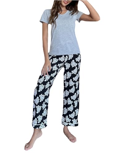 Pyjama ensemble femme fluide contre la chaleur nocturne avec pantalon ample imprimé