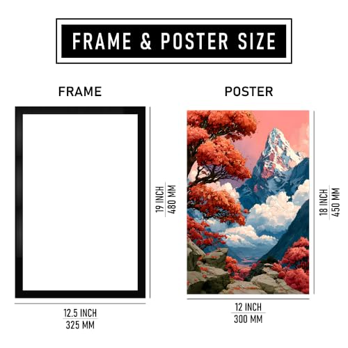 Image of Japanese Mountain Landscape Premium Framed Wall Poster (12x18 Inch) | Red Maple Tree & Snowy Mountain Wall Art | Asian Nature Decor for Bedroom, Living Room, Office & Zen Space