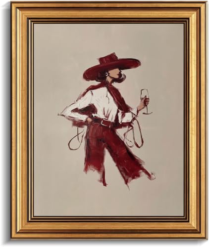 Image of Gold Framed 3D Textured Wall Art, Red Wine Cowgirl Canvas Prints, Modern Western Burgundy Fashion Pictures Decor, Vintage Editorial Cowgirl Artwork for Living Room Bedroom Entryway 12x16inch