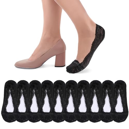 6 Pairs Black Lace Socks Women No Show Non Slip Socks Low Cut Invisible Thin Sock Fashion Liner No Show Sock for Women with Flats, Pumps