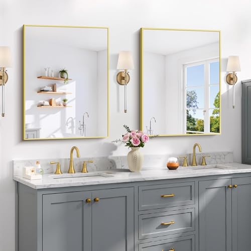Image of COFENY Gold Bathroom Mirror for Wall, 24x32 Inch Rectangle Mirror with Metal Frame, Modern Vanity Mirrors for Bathroom Living Room, Entryway Hangs Horizontal or Vertical