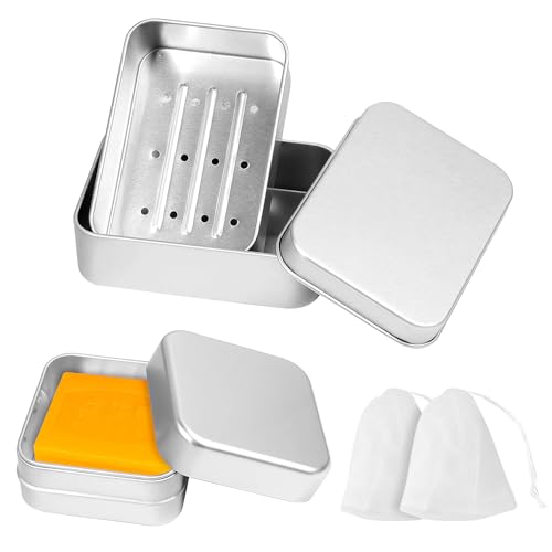 2Pzs Jabonera de Aluminio incorrosible a Prueba de Fugas, Caja de Almacenamiento de Jabón de Metal Rectangular, Lata de Barra de Jabón de Plata con Bandeja de Goteo Tapa Bolsa para Hogar Viajes