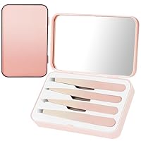 Hshenjhu Set 4 Pcs Pinzetten für Gesichtsbehaarung bei Frauen, Präzisions Pinzetten mit Reiseetui, Tweezers mit Spiegel, Edelstahlpinzette für Augenbrauen für Frauen und Männer (Rosa)