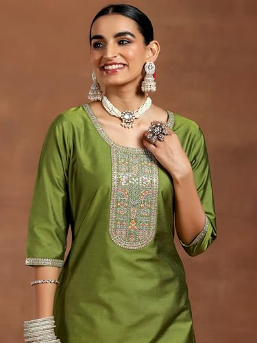Image of Libas Gerua Womens Yoke Design Silk Blend Straight Kurta With Trousers and Dupatta | daily wear suit