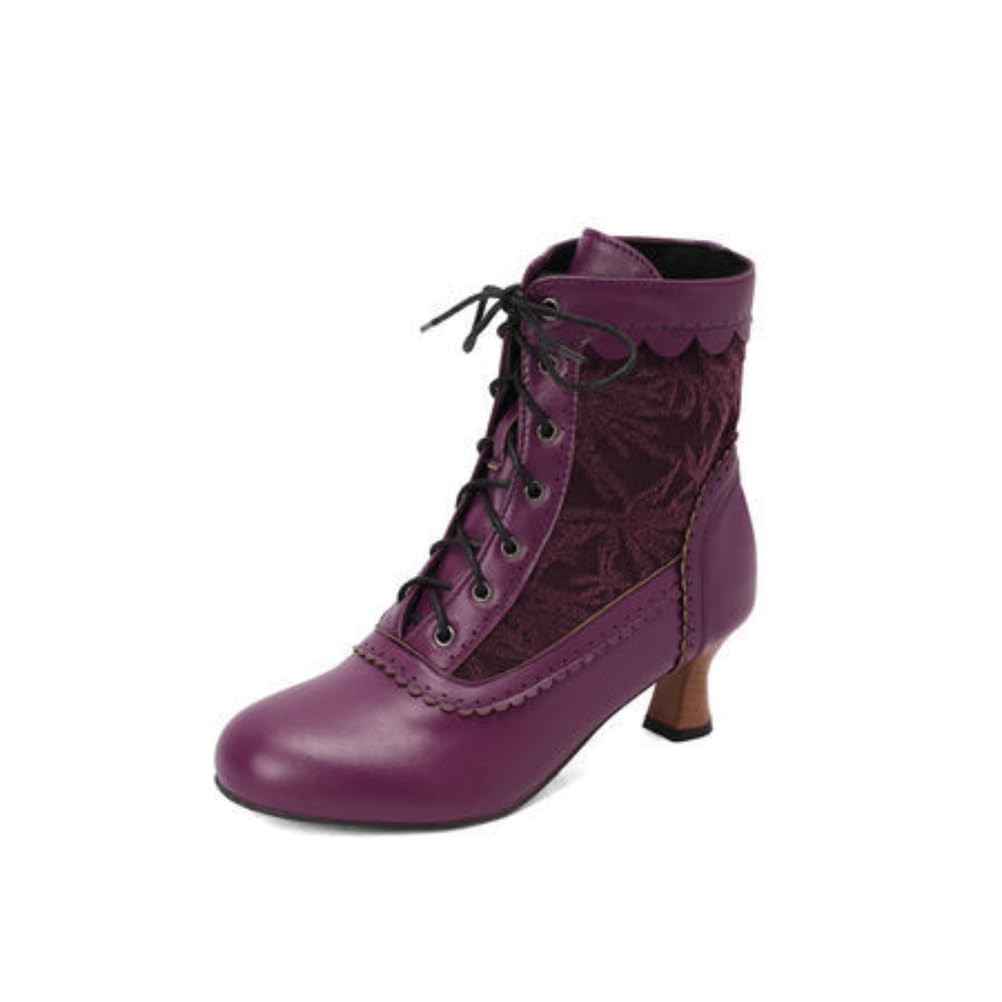 Womens Vintage Lace-Up Ankle Boots Floral Embroidery Kitten Heels Cushioned Insole Non-Slip Outsole Party Evening Dress Shoes