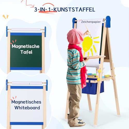 Kinderstaffelei 3-1, magnetische Kinder Kreidetafel & Whiteboard, Großer Stauraum mit Leinentasche, Staffelei Kinder, Kreide, Pinseln, Zahlen-Buchstaben-Magneten, Schürze, Geschenk für Kinder,Blau