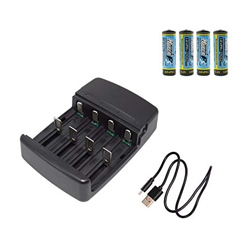 HyperPS USB Universal Smart Battery Charger for 3.2V LiFePO4 Batteries with 4 Pieces 3.2V LiFePo4 14430 4/5 AA (14 x 43mm) 400mAh Rechargeable Battery